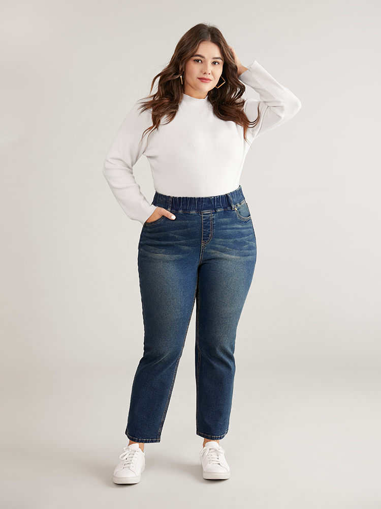 

Plus Size Vintage Straight Leg Elastic Waist Jeans Women Aegean Casual Plain Plain High stretch Pocket Jeans BloomChic