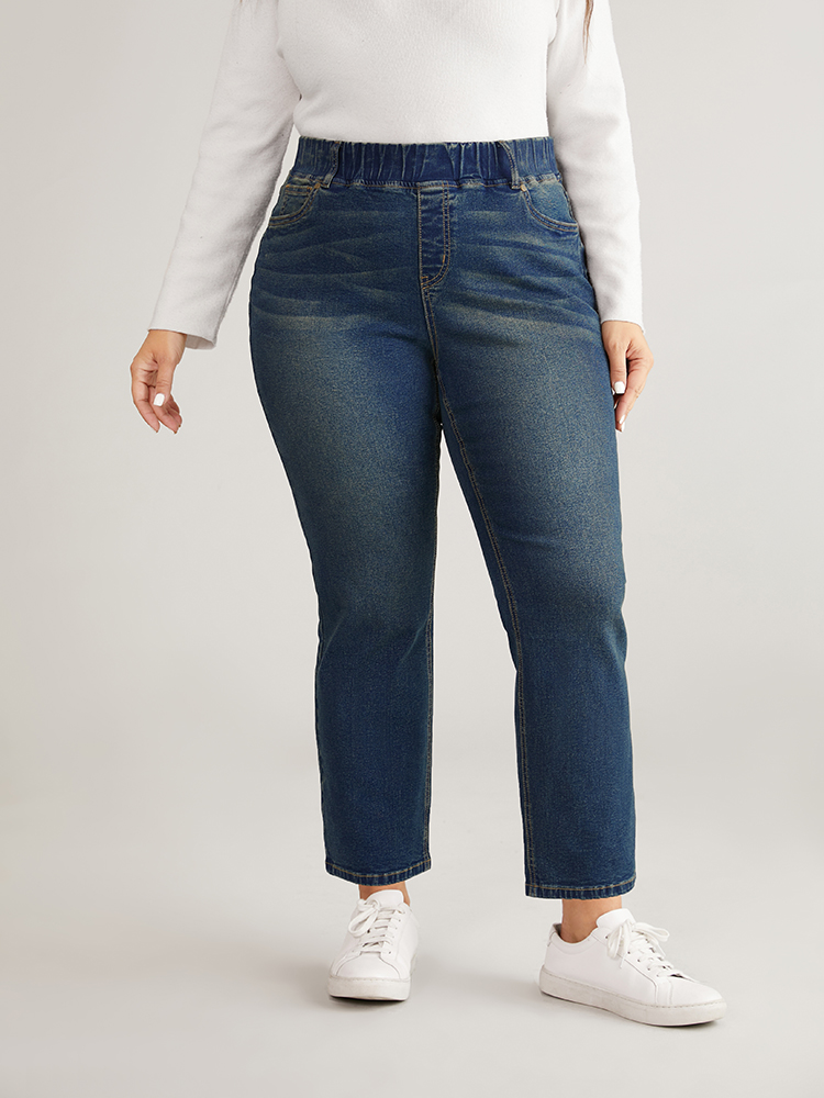 

Plus Size Vintage Straight Leg Elastic Waist Jeans Women Aegean Casual Plain Plain High stretch Pocket Jeans BloomChic