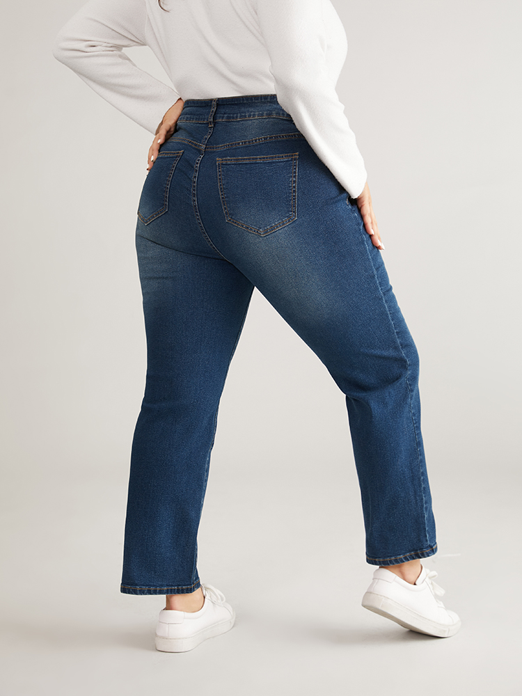 Plus Size Women Dailywear Plain High stretch Straight Leg Dark Wash Casual Jeans BloomChic 