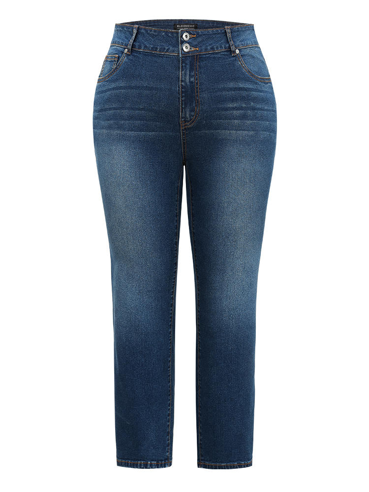 Plus Size Women Dailywear Plain High stretch Straight Leg Dark Wash Casual Jeans BloomChic 