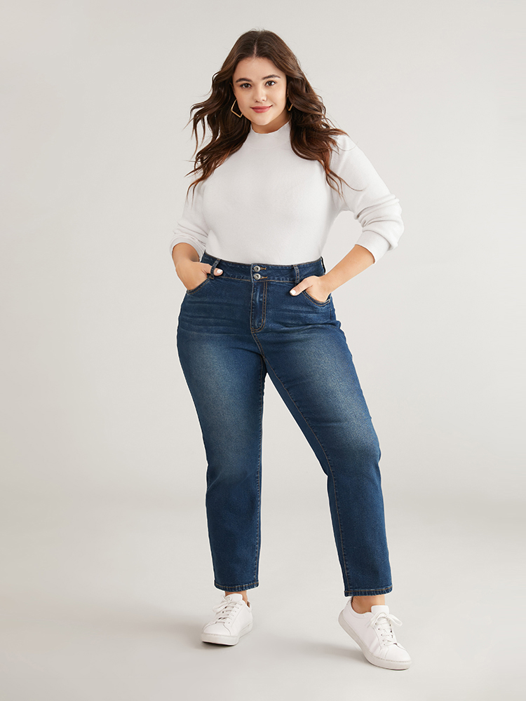 Plus Size Women Dailywear Plain High stretch Straight Leg Dark Wash Casual Jeans BloomChic 