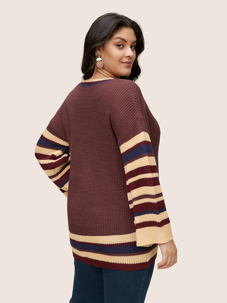 

Plus Size Striped Contrast Knit Drop Shoulder Pullover DarkBrown Women Casual Loose Long Sleeve V-neck Dailywear Pullovers BloomChic