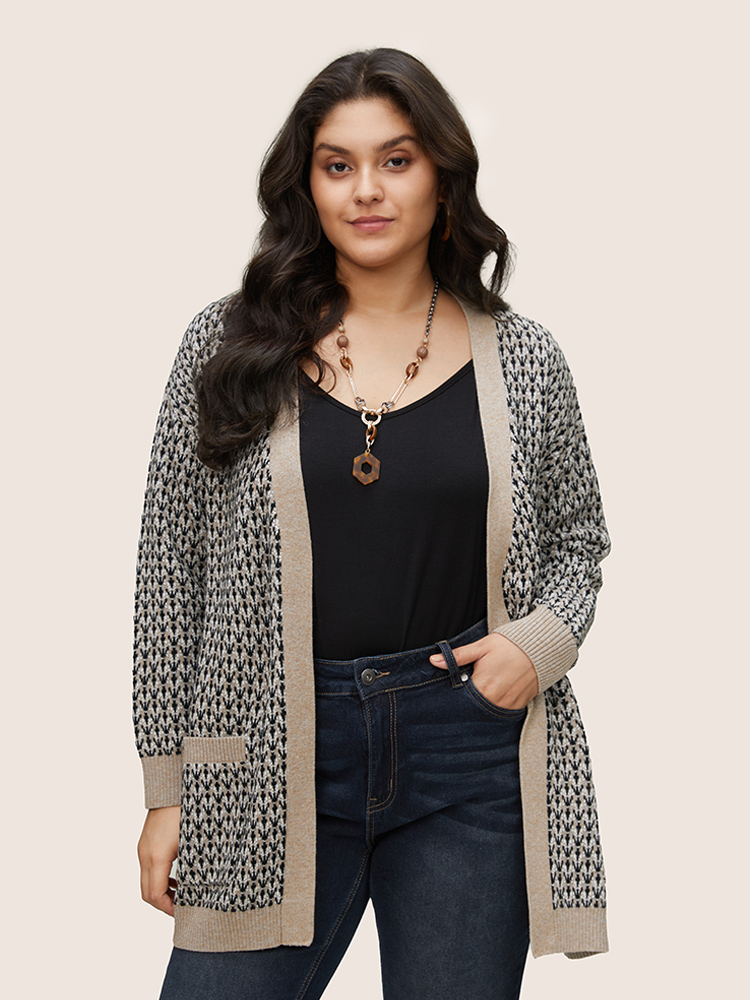 

Plus Size Supersoft Essentials Jacquard Geometric Contrast Pocket Cardigan LightBrown Women Casual Loose Long Sleeve Dailywear Cardigans BloomChic