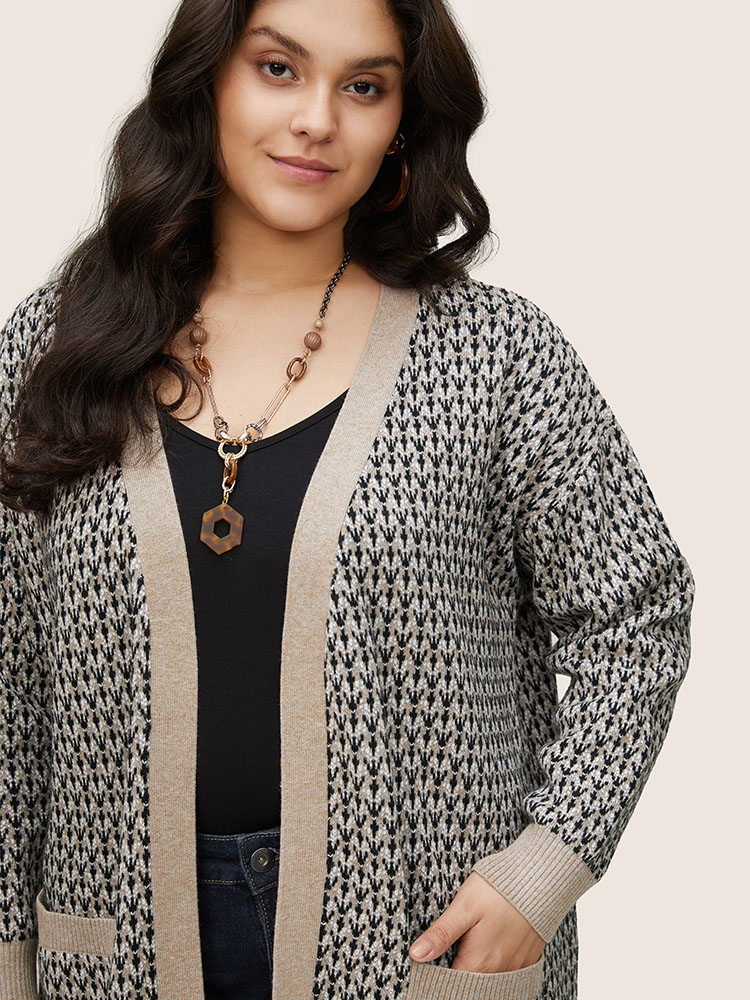 

Plus Size Supersoft Essentials Jacquard Geometric Contrast Pocket Cardigan LightBrown Women Casual Loose Long Sleeve Dailywear Cardigans BloomChic