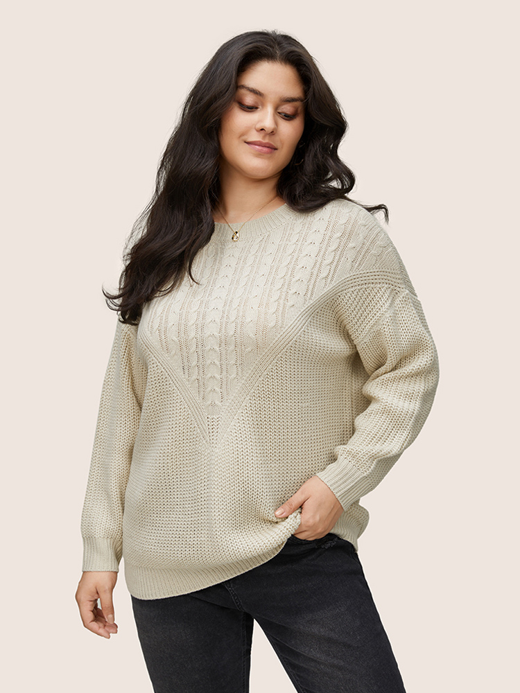 

Plus Size Cable Knit Drop Shoulder Crew Neck Pullover Champagne Women Casual Loose Long Sleeve Round Neck Dailywear Pullovers BloomChic