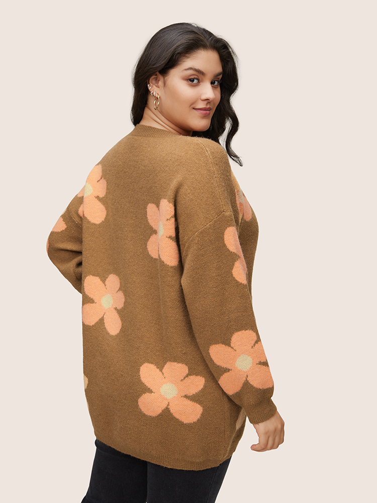 

Plus Size Supersoft Essentials Drop Shoulder Floral Jacquard Pullover Chocolate Women Casual Loose Long Sleeve Round Neck Dailywear Pullovers BloomChic