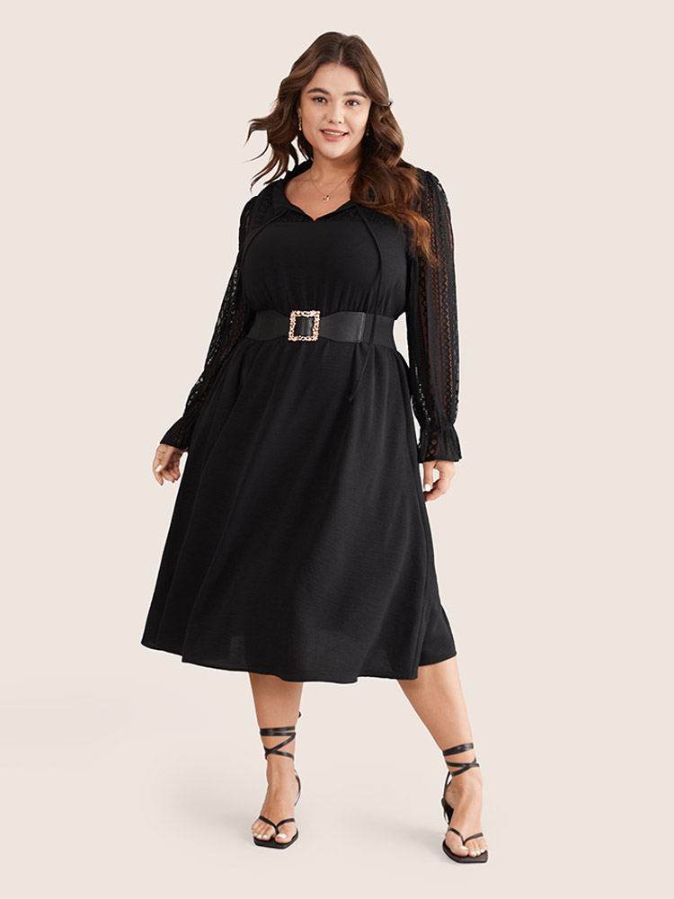 

Plus Size Guipure Lace Knot Neck Ruffle Long Sleeve Dress Black Women Elegant Texture Tie Neck Long Sleeve Curvy Midi Dress BloomChic