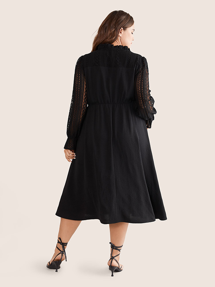 

Plus Size Guipure Lace Knot Neck Ruffle Long Sleeve Dress Black Women Elegant Texture Tie Neck Long Sleeve Curvy Midi Dress BloomChic