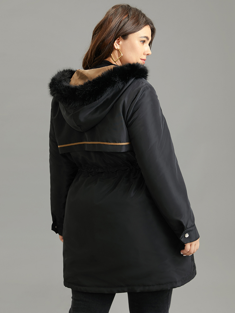 Plus Size Contrast Drawstring Patchwork Zipper Fuzzy Trim Coat Women Black Casual Lined Ladies Dailywear Winter Coats BloomChic 26/4X 