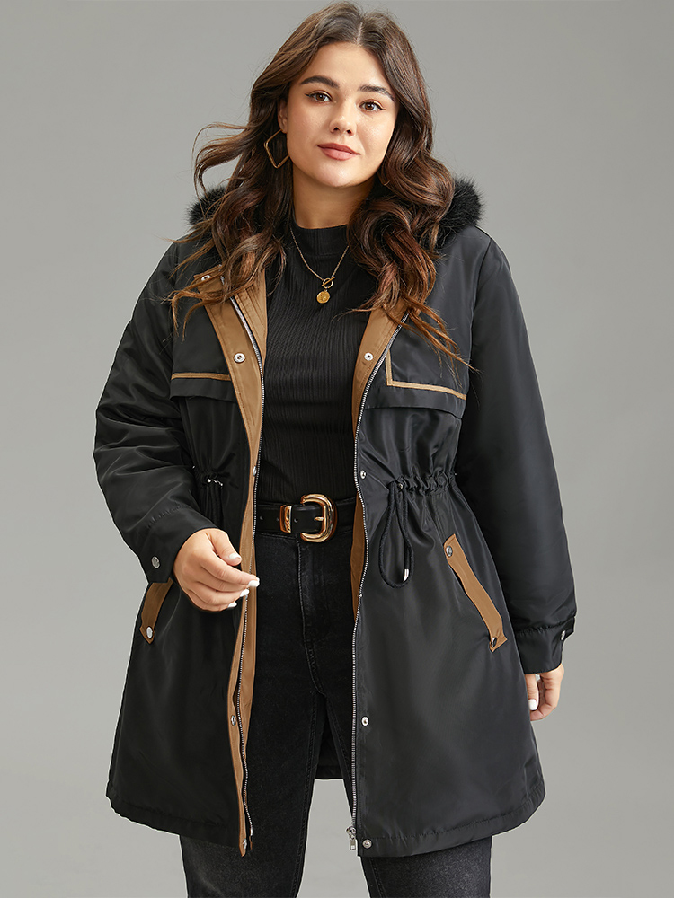 Plus Size Contrast Drawstring Patchwork Zipper Fuzzy Trim Coat Women Black Casual Lined Ladies Dailywear Winter Coats BloomChic 26/4X 