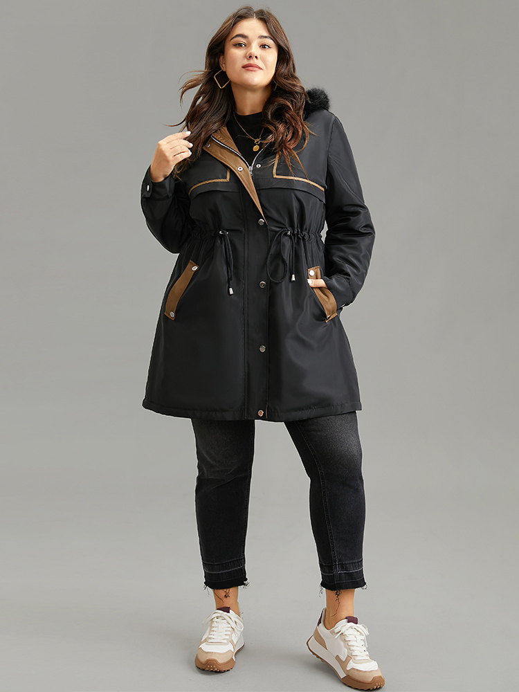 Plus Size Contrast Drawstring Patchwork Zipper Fuzzy Trim Coat Women Black Casual Lined Ladies Dailywear Winter Coats BloomChic 26/4X 