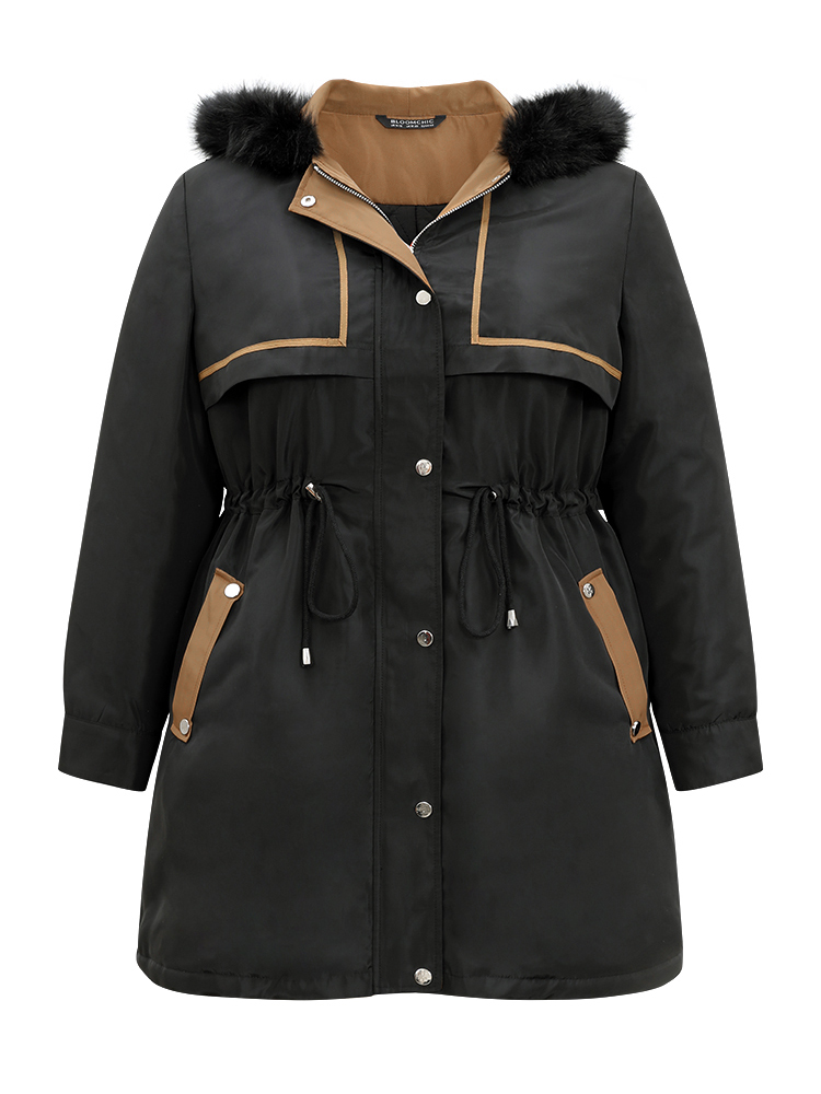 Plus Size Contrast Drawstring Patchwork Zipper Fuzzy Trim Coat Women Black Casual Lined Ladies Dailywear Winter Coats BloomChic 26/4X 