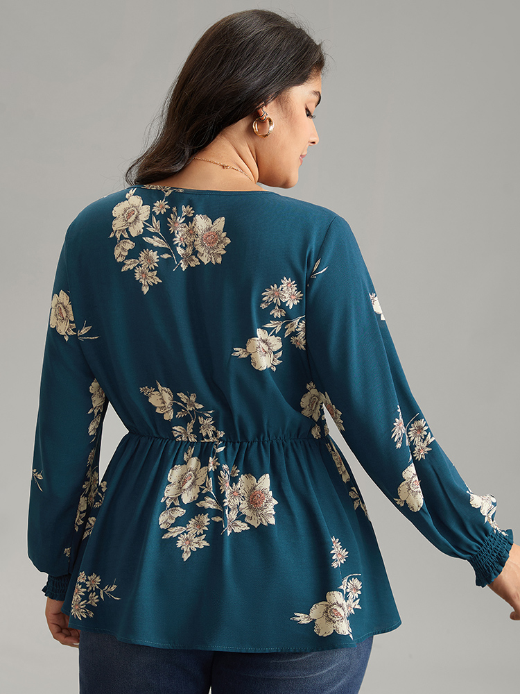 

Plus Size Aegean Shirred Floral Elastic Waist Lantern Sleeve Blouse Women Elegant Long Sleeve V-neck Everyday Blouses BloomChic