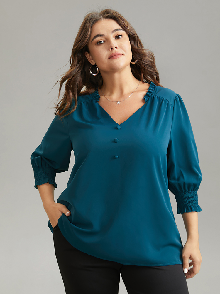 

Plus Size Aegean Anti-Wrinkle Gathered Shirred Frill Trim Blouse Women Office Half Sleeve V-neck Work Blouses BloomChic