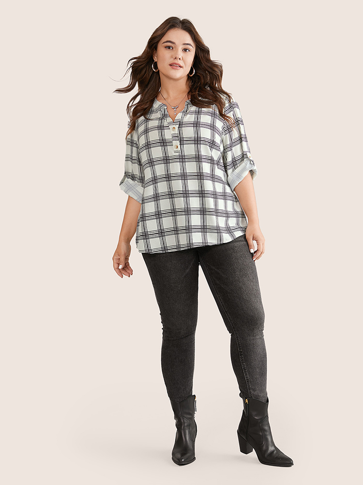 Plus Size Women Work Plaid Regular Sleeve Long Sleeve Notched collar Office Blouses BloomChic 