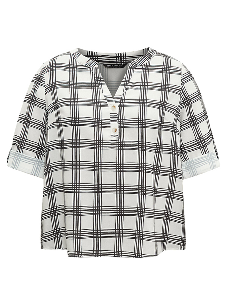Plus Size Women Work Plaid Regular Sleeve Long Sleeve Notched collar Office Blouses BloomChic 