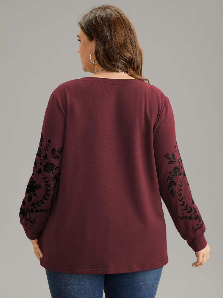 Plus Size Plants Embroidered Elastic Cuffs Crew Neck Sweatshirt Women Burgundy Casual Embroidered Round Neck Everyday Sweatshirts BloomChic 14-16/1X 