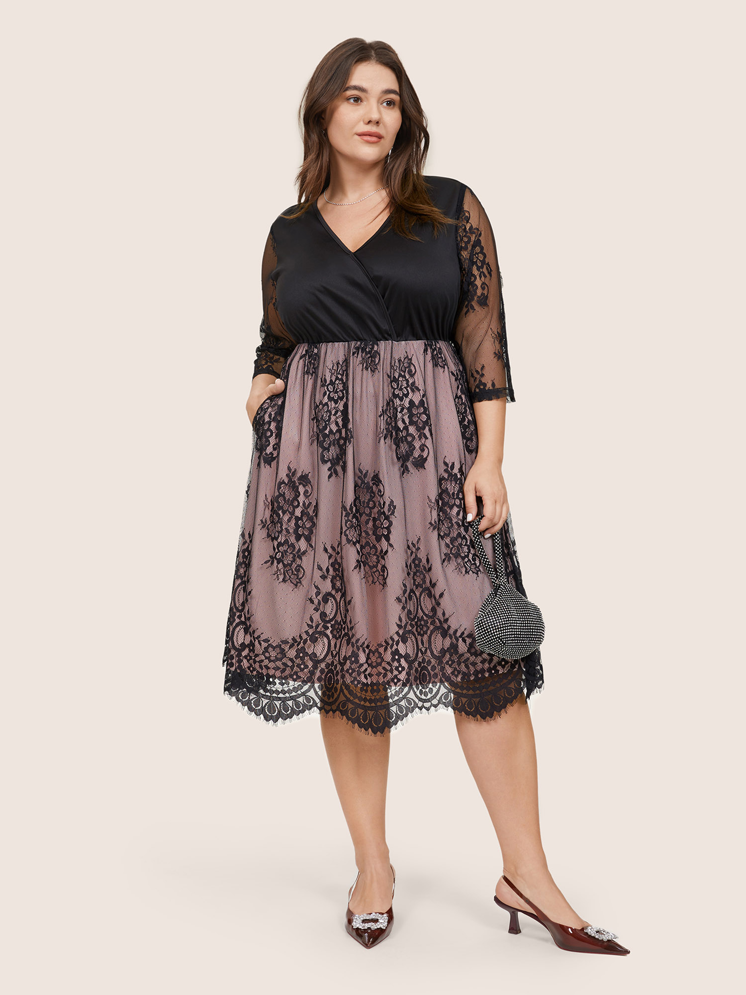 

Plus Size Crochet Lace Mesh Overlap Collar Dress Black Women Glamour Lined Overlap Collar Elbow-length sleeve Curvy Midi Dress BloomChic