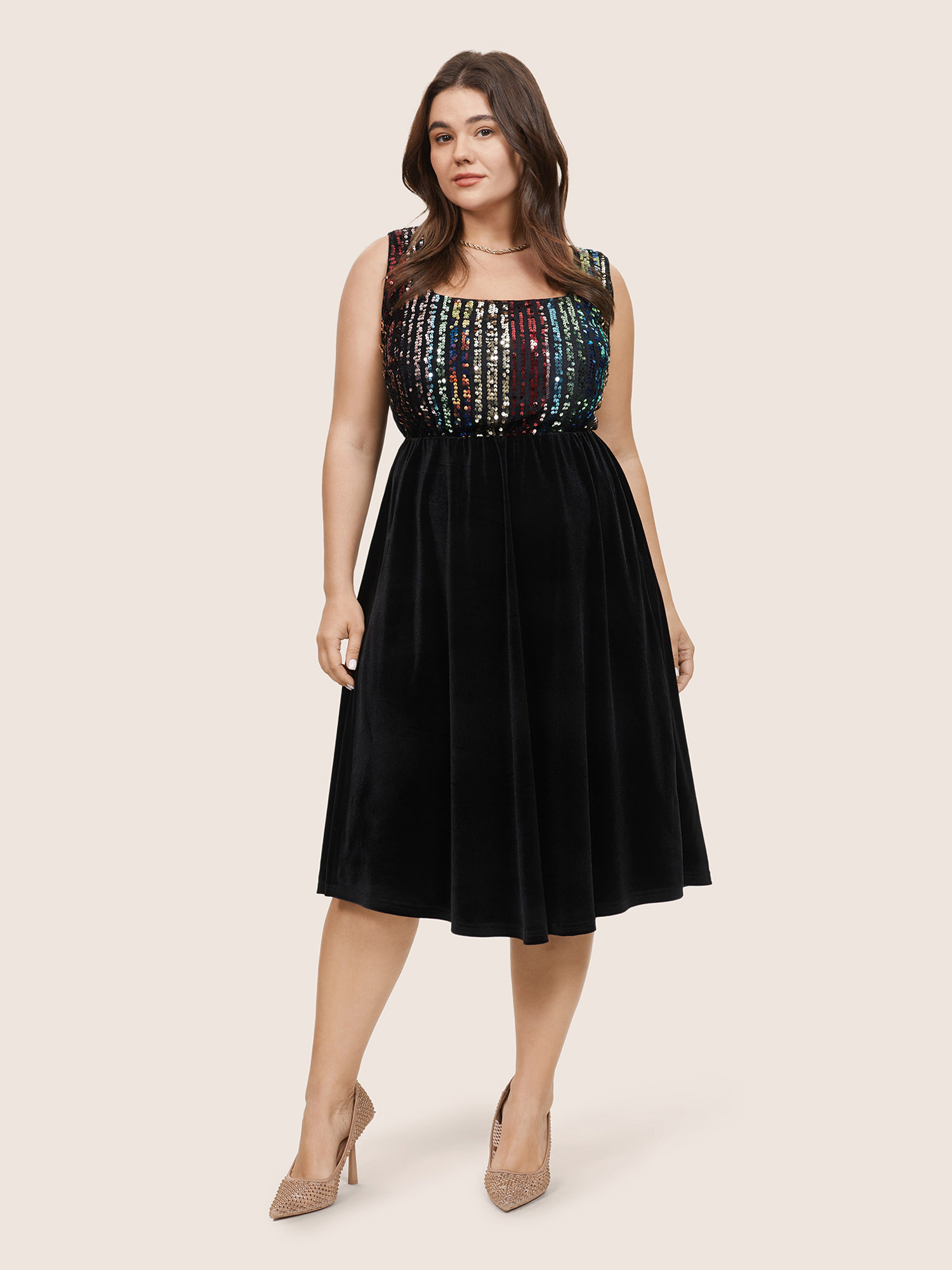 

Plus Size Colored Sequin Velvet Ruffle Hem Tank Dress Black Women Resort Velvet Shoulderless Sleeveless Curvy Midi Dress BloomChic