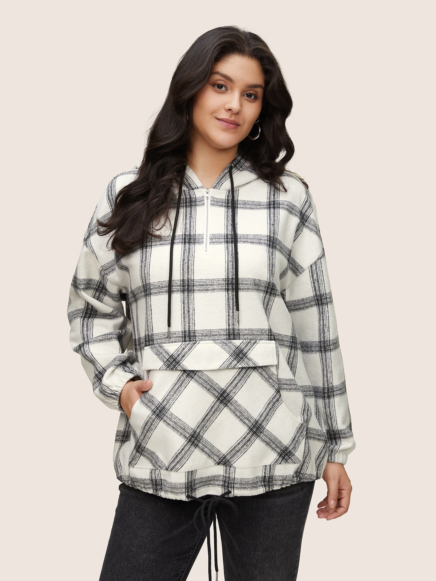 

Plus Size Plaid Half Zip Pocket Hooded Sweatshirt Women White Casual Elastic cuffs Hooded Everyday Sweatshirts BloomChic