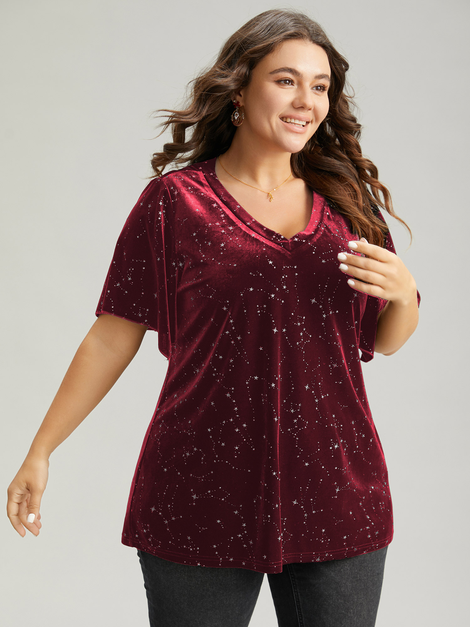 

Plus Size Galaxy Glitter Velvet Ruffle Sleeve T-shirt Burgundy V-neck Short sleeve Elegant Jersey Tops