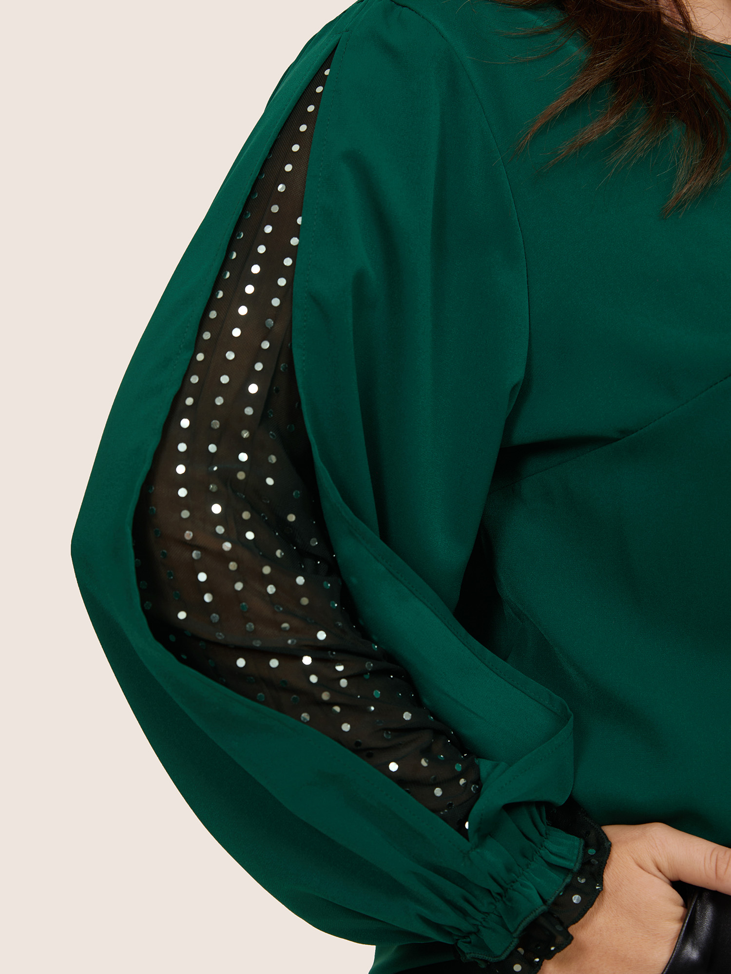 

Plus Size DarkGreen Sequin Mesh Patchwork Lantern Sleeve Blouse Women Glamour Long Sleeve Round Neck Going out Blouses BloomChic