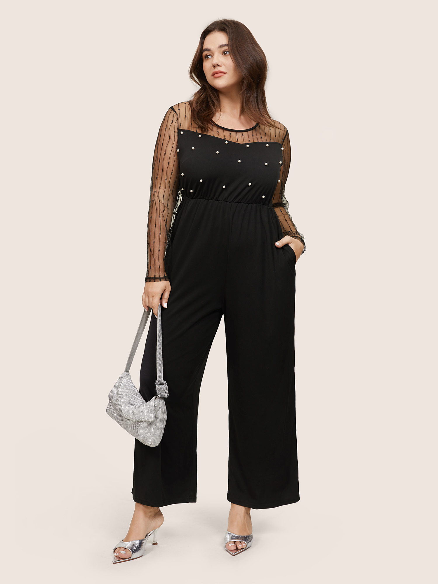 

Plus Size Black Pearl Beaded Mesh Patchwork Zipper Jumpsuit Women Party Long Sleeve Round Neck Going out Loose Jumpsuits BloomChic