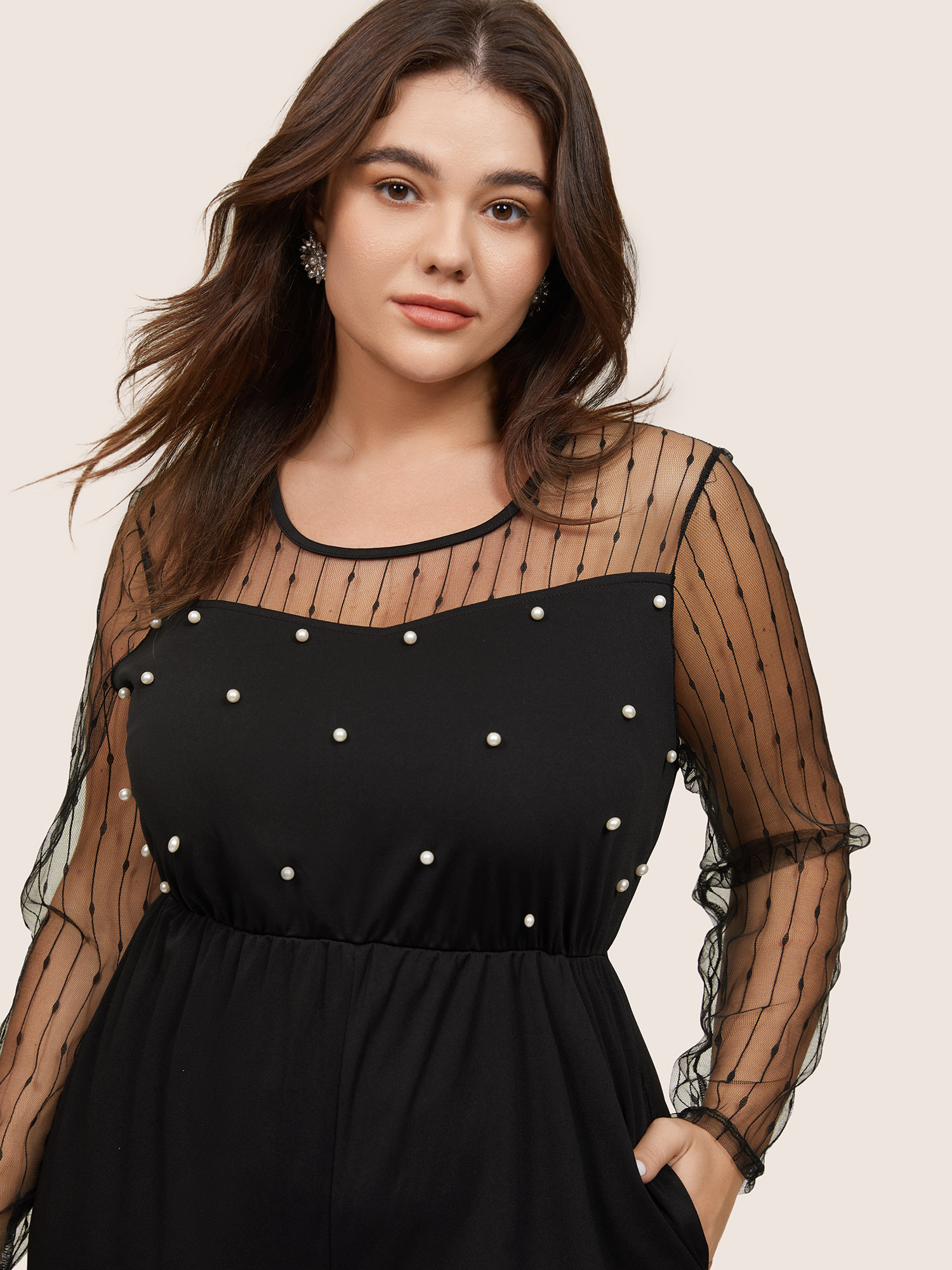Plus Size Black Pearl Beaded Mesh Patchwork Zipper Jumpsuit Women Party Long Sleeve Round Neck Going out Loose Jumpsuits BloomChic 26/4X 