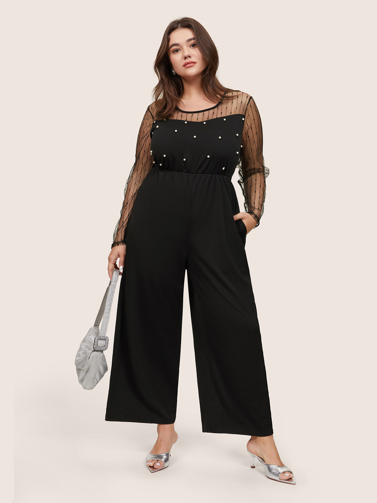 Plus Size Black Pearl Beaded Mesh Patchwork Zipper Jumpsuit Women Party Long Sleeve Round Neck Going out Loose Jumpsuits BloomChic 26/4X 