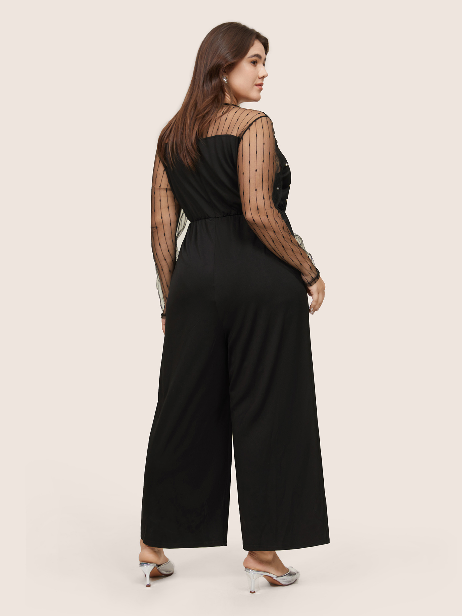 

Plus Size Black Pearl Beaded Mesh Patchwork Zipper Jumpsuit Women Party Long Sleeve Round Neck Going out Loose Jumpsuits BloomChic