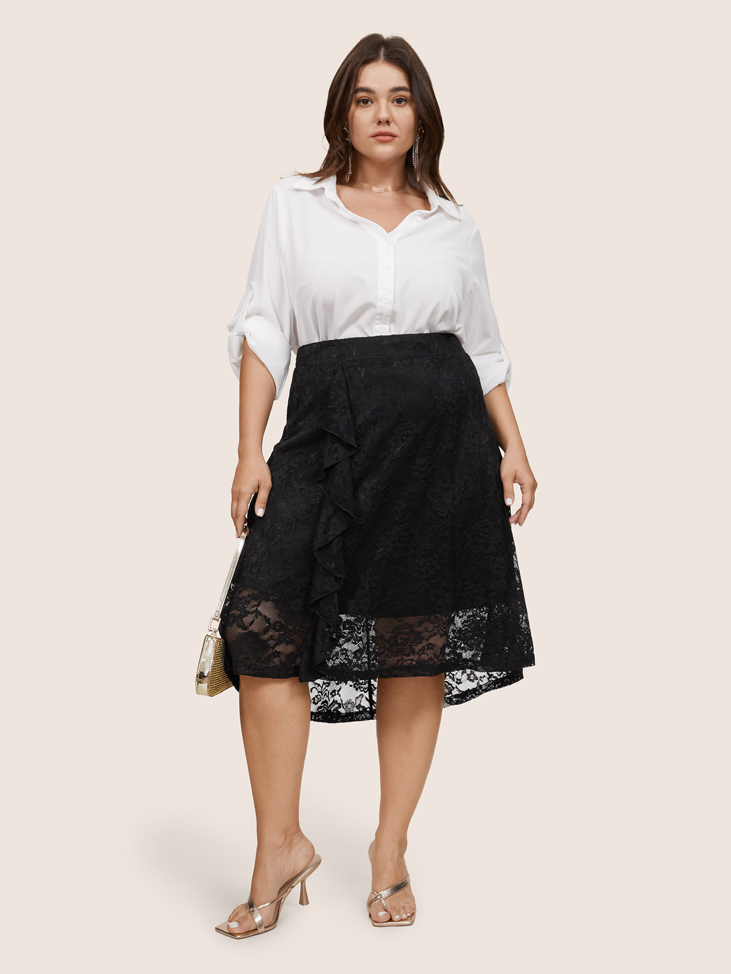 

Plus Size Guipure Lace Elastic Waist Asymmetrical Ruffles Skirt Women Black At the Office Lined No stretch Work Skirts BloomChic