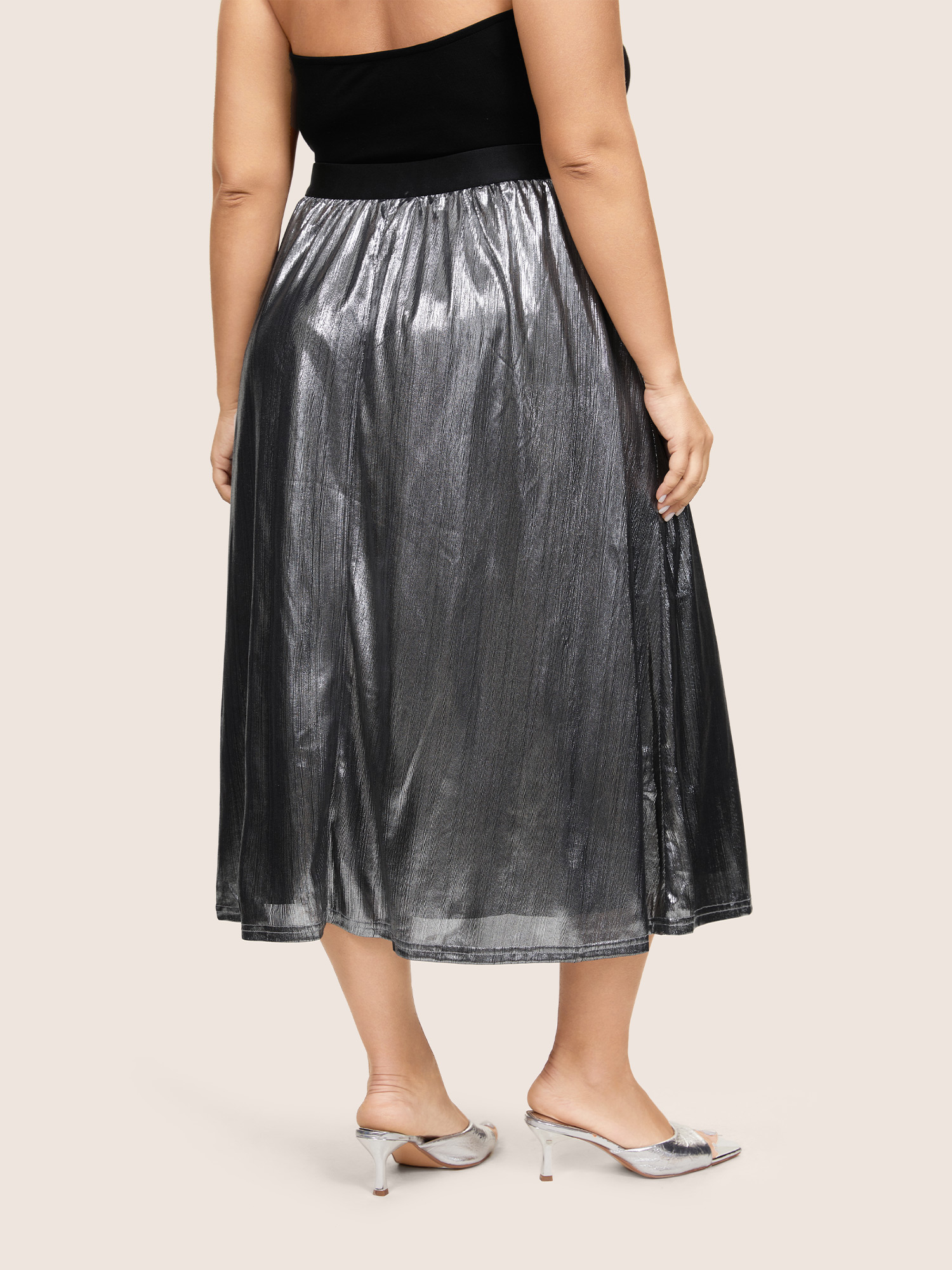 

Plus Size Glitter Patchwork Elastic Waist Cropped Skirt Women Silver Glamour Texture No stretch Going out Skirts BloomChic