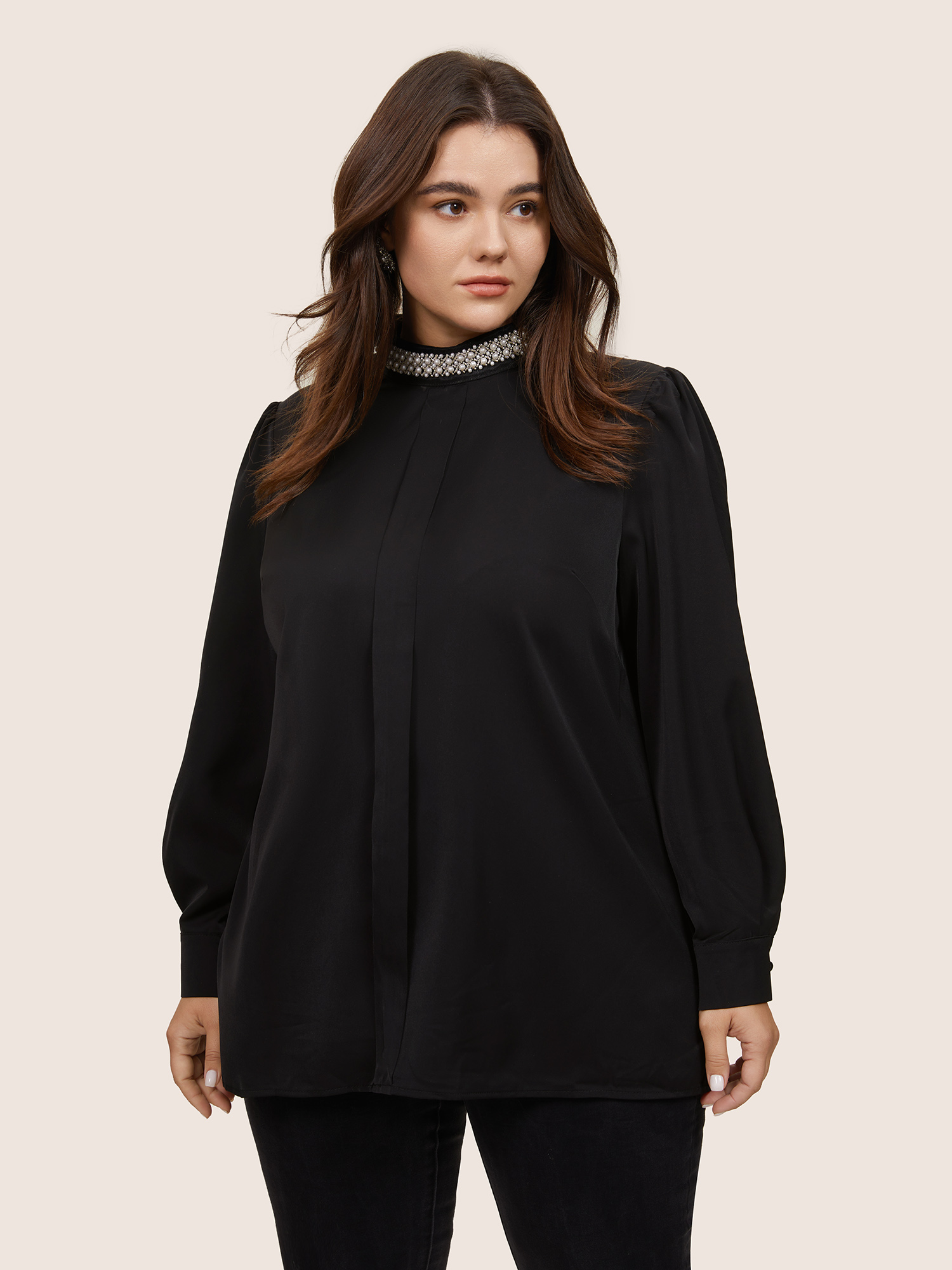 

Plus Size Black Anti-Wrinkle Pearl Beaded Contrast Webbing Blouse Women Glamour Long Sleeve Round Neck Going out Blouses BloomChic