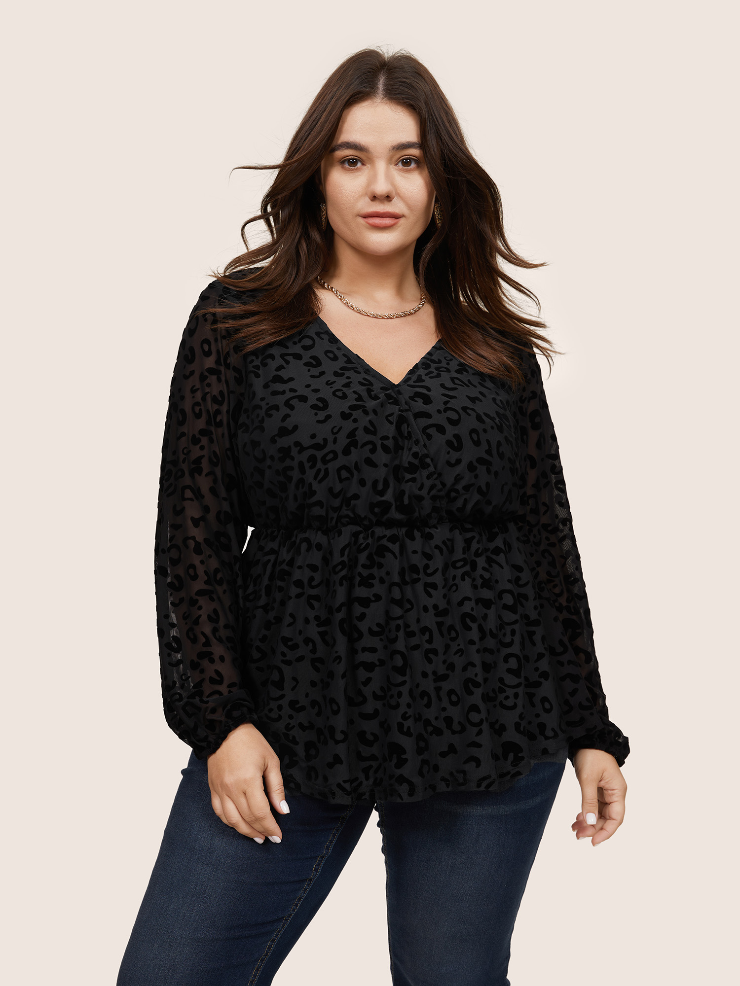 

Plus Size Black Leopard Flocking Mesh Patchwork Wrap Blouse Women Glamour Long Sleeve V-neck Going out Blouses BloomChic