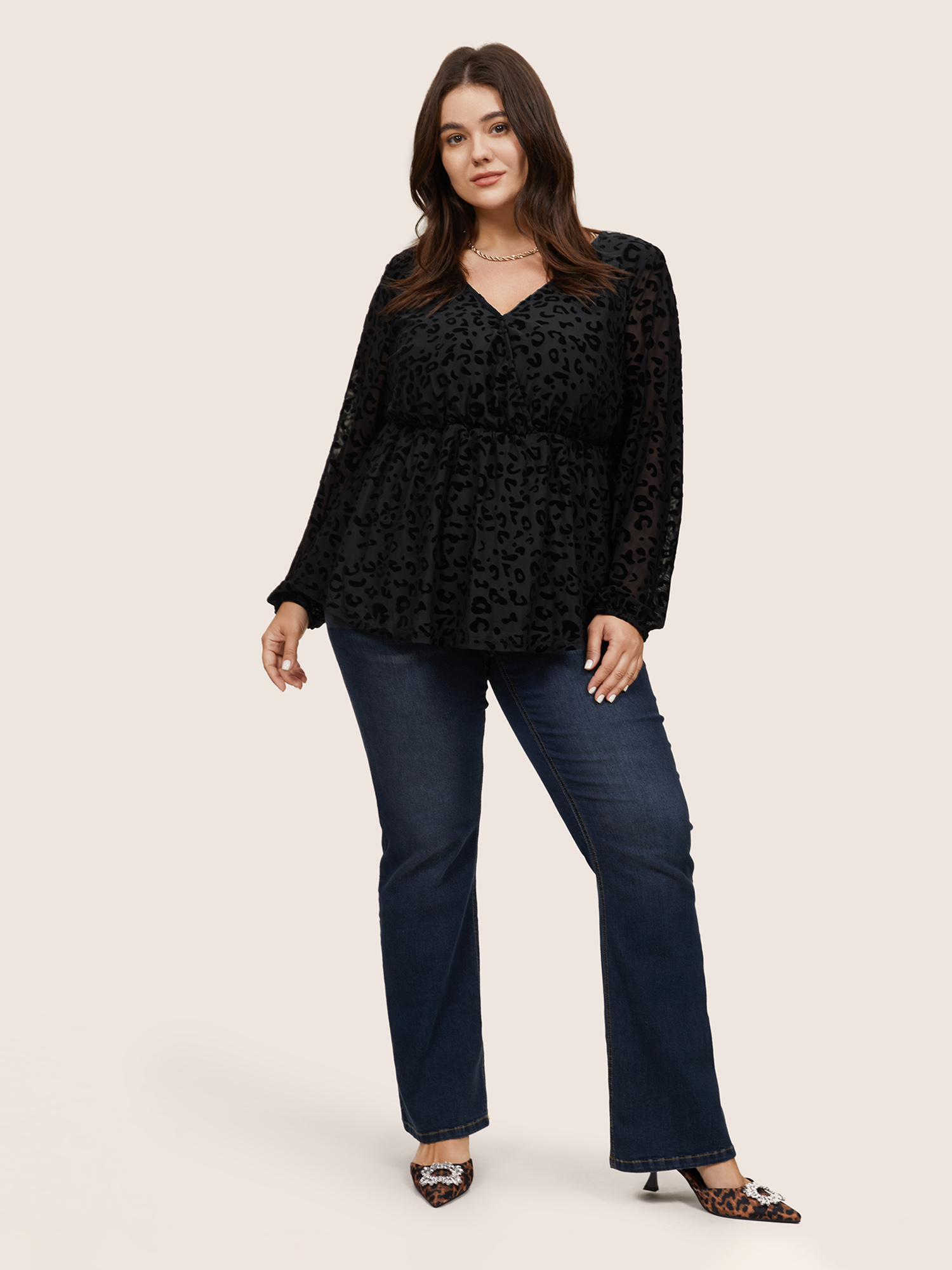 

Plus Size Black Leopard Flocking Mesh Patchwork Wrap Blouse Women Glamour Long Sleeve V-neck Going out Blouses BloomChic