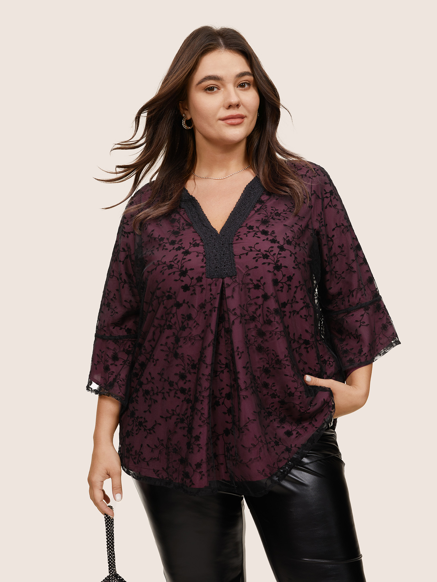 

Plus Size Burgundy Crochet Lace Mesh Bell Sleeve Blouse Women Cocktail Elbow-length sleeve V-neck Party Blouses BloomChic