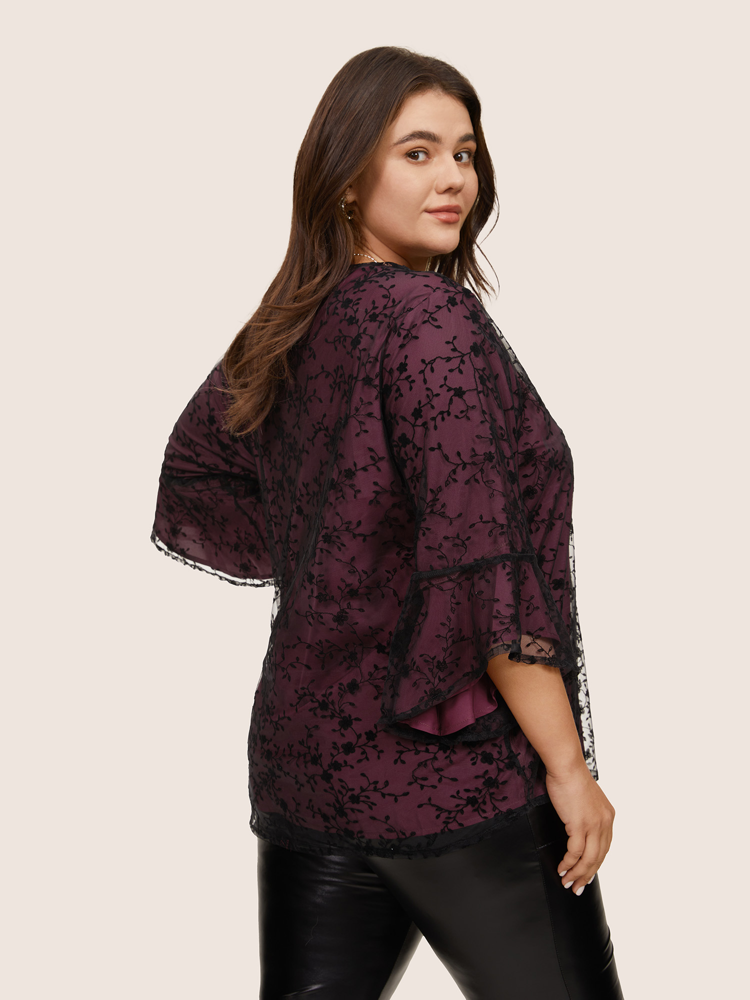 

Plus Size Burgundy Crochet Lace Mesh Bell Sleeve Blouse Women Cocktail Elbow-length sleeve V-neck Party Blouses BloomChic