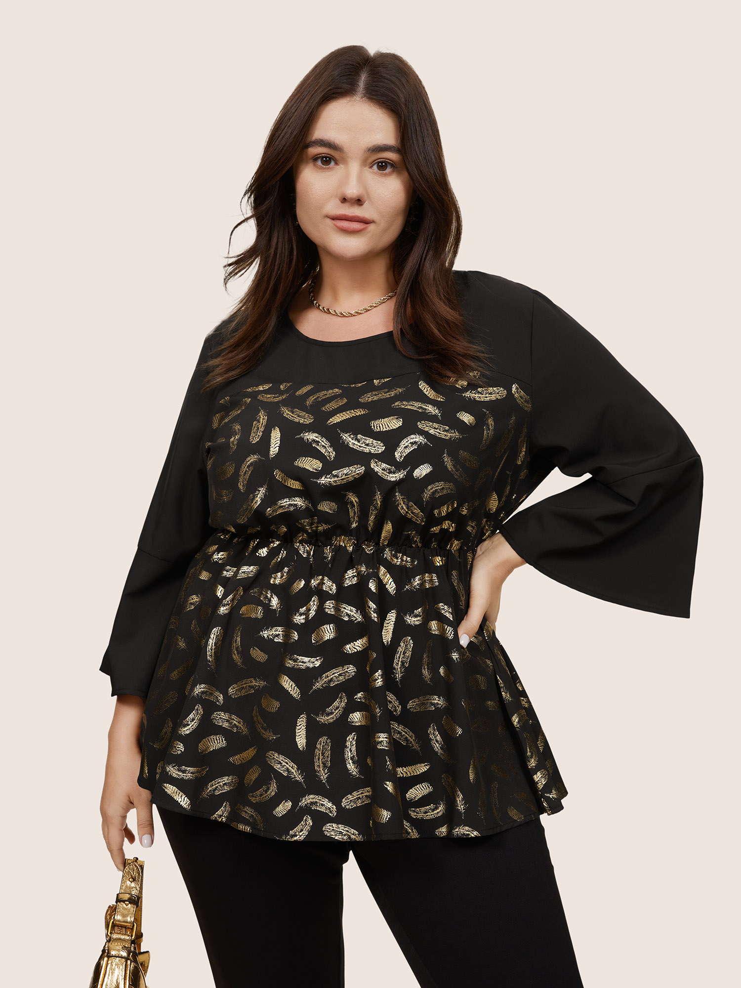 

Plus Size Black Feather Glitter Patchwork Bell Sleeve Blouse Women Glamour Elbow-length sleeve Round Neck Party Blouses BloomChic
