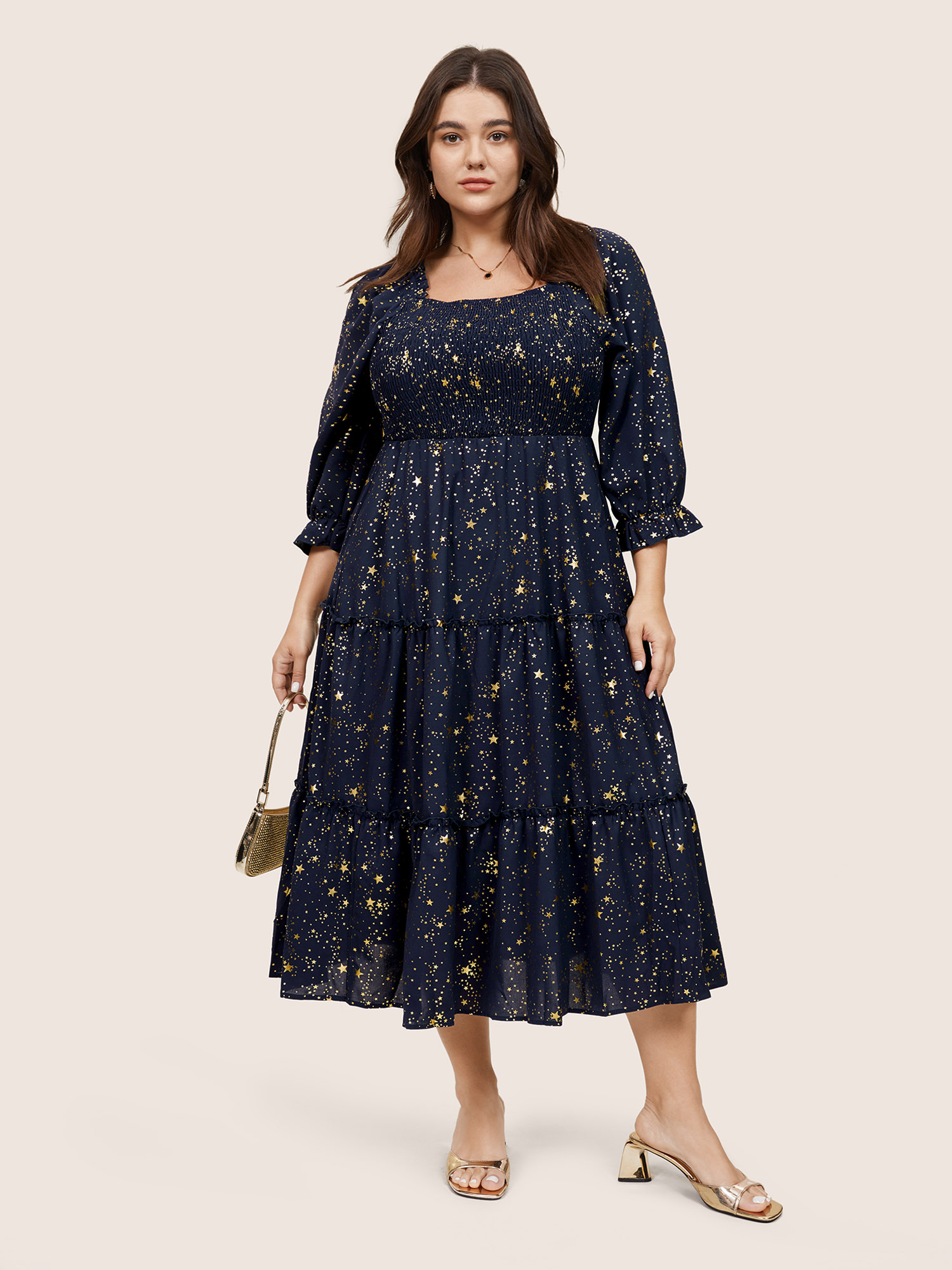 

Plus Size Shirred Star Glitter Frill Trim Raglan Sleeve Dress Navy Women Elegant Gathered Square Neck Elbow-length sleeve Curvy Midi Dress BloomChic