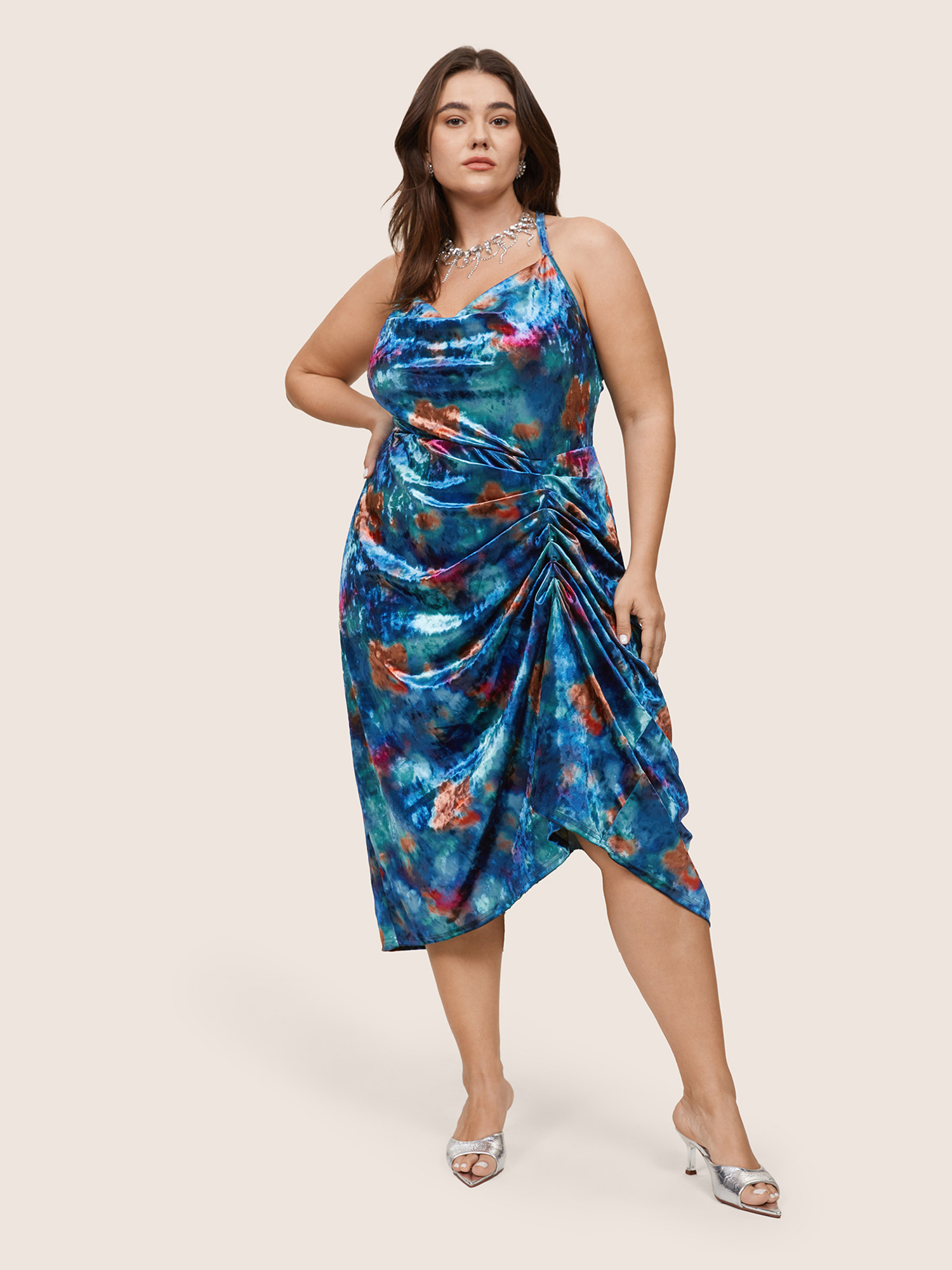 

Plus Size Colored Floral Velvet Cowl Neck Ruched Cami Dress Teal Women Party Velvet Cowl Neck Sleeveless Curvy Midi Dress BloomChic