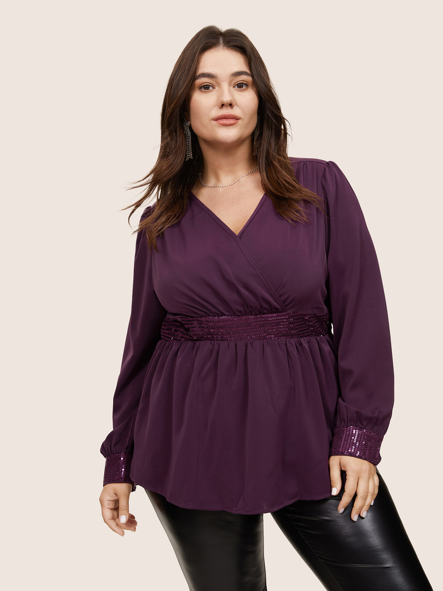 

Plus Size Purple Plain Sequin Patchwork Overlap Collar Gathered Blouse Women Glamour Long Sleeve Overlap Collar Party Blouses BloomChic