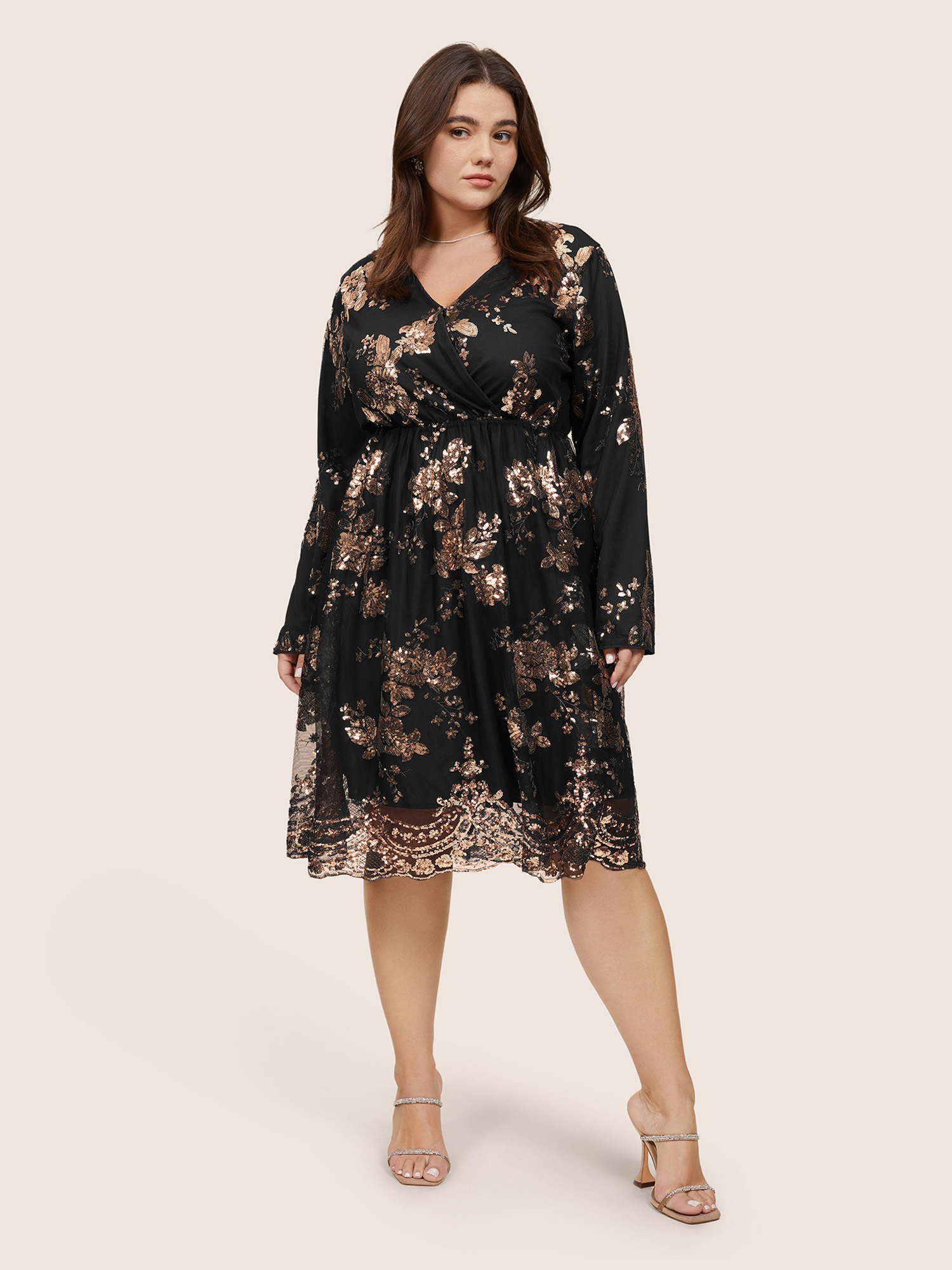 

Plus Size Floral Sequin Elastic Waist Mesh Wrap Dress Black Women Party Sequin Overlap Collar Long Sleeve Curvy Midi Dress BloomChic