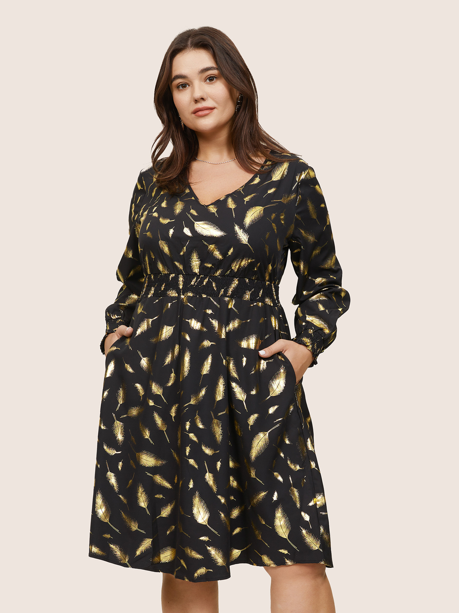 

Plus Size Feather Glitter Shirred Elastic Cuffs Dress Black Women Cocktail Printed V-neck Long Sleeve Curvy Midi Dress BloomChic