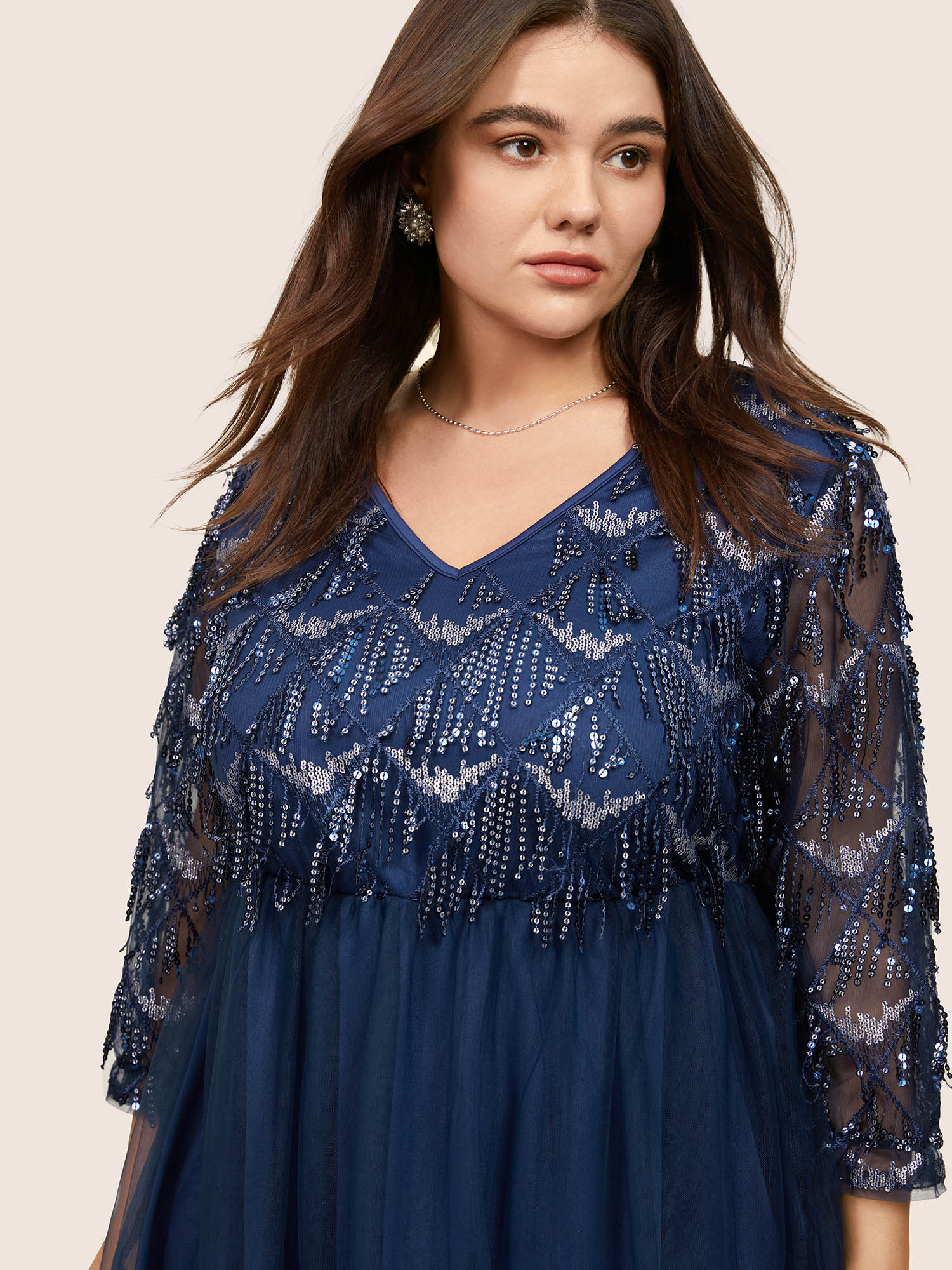 

Plus Size Sequin Tassels Plisse Patchwork Mesh Knee Dress DarkBlue Women Cocktail Sequin V-neck Elbow-length sleeve Curvy Midi Dress BloomChic