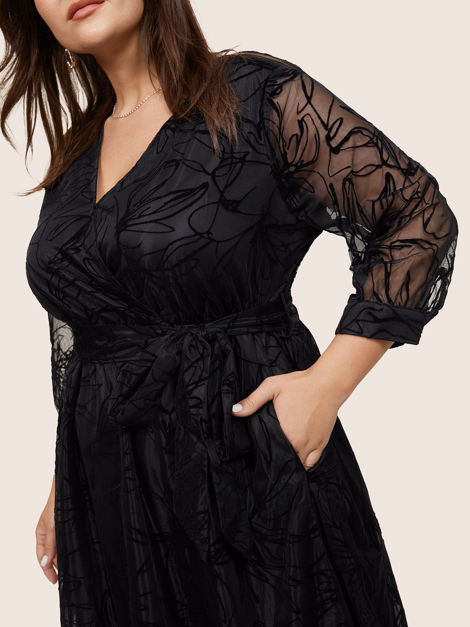 

Plus Size Floral Flocked Tulle Belted Dress Black Women Glamour Wrap Overlap Collar Elbow-length sleeve Curvy Knee Dress BloomChic