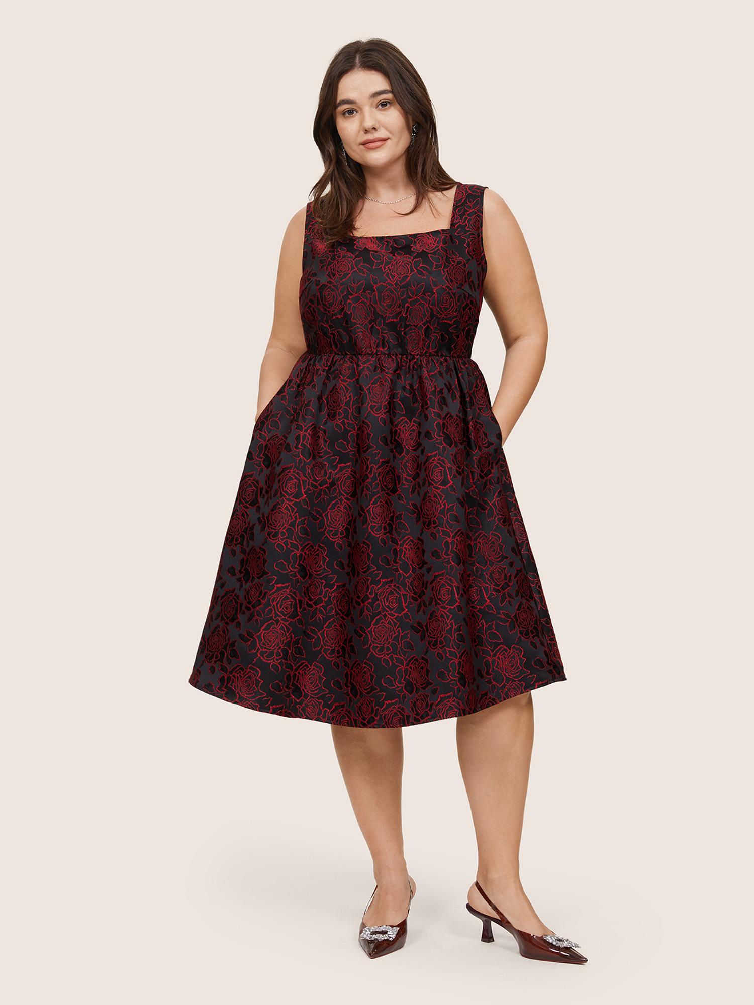 Plus Size Women Party Graphic Embroidered Sleeveless Sleeveless Spaghetti Strap Pocket Party Dresses BloomChic 