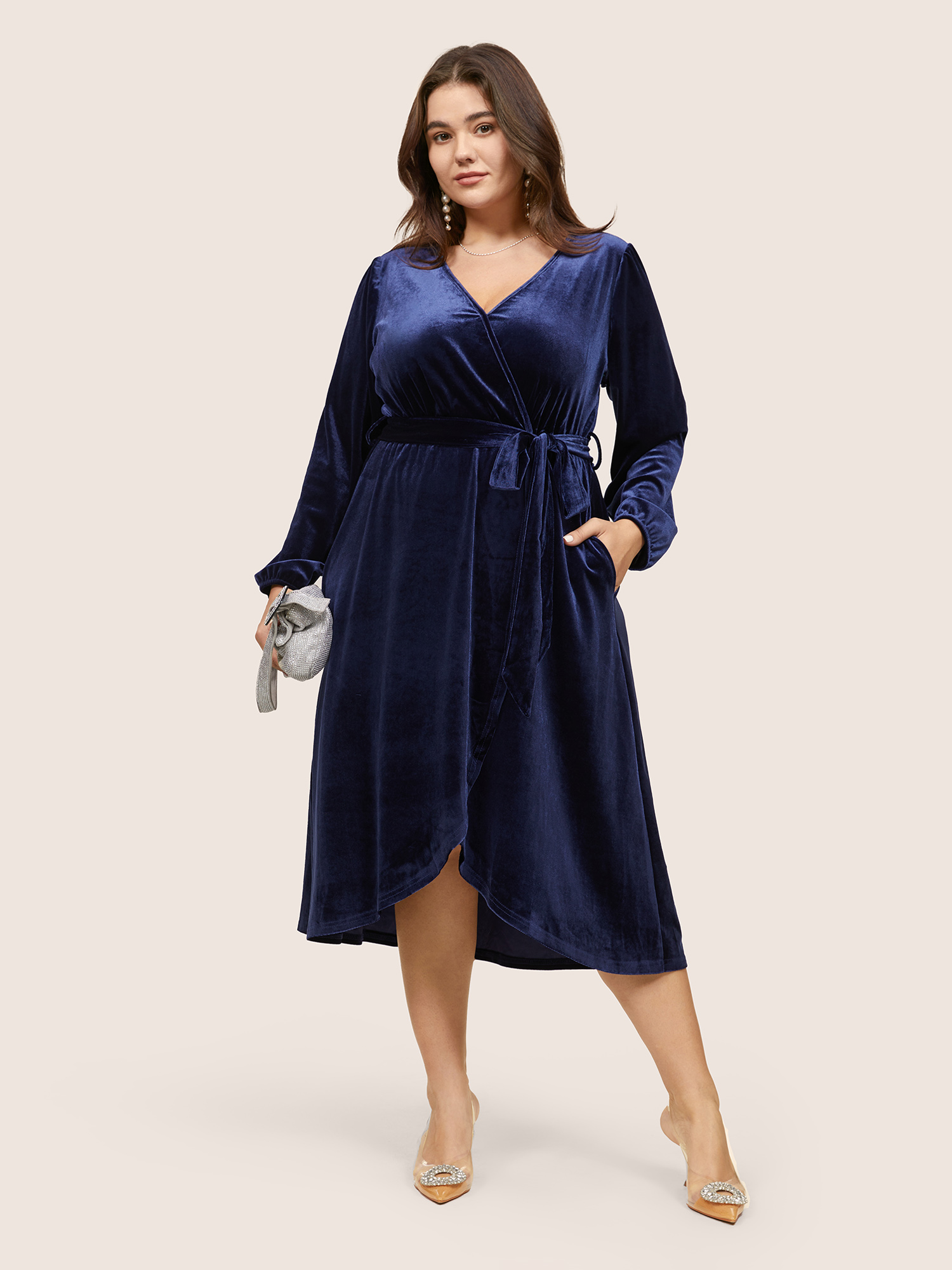 

Plus Size Solid Velvet Belted Wrap Arc Hem Dress DarkBlue Women Elegant Elastic cuffs Overlap Collar Long Sleeve Curvy Midi Dress BloomChic