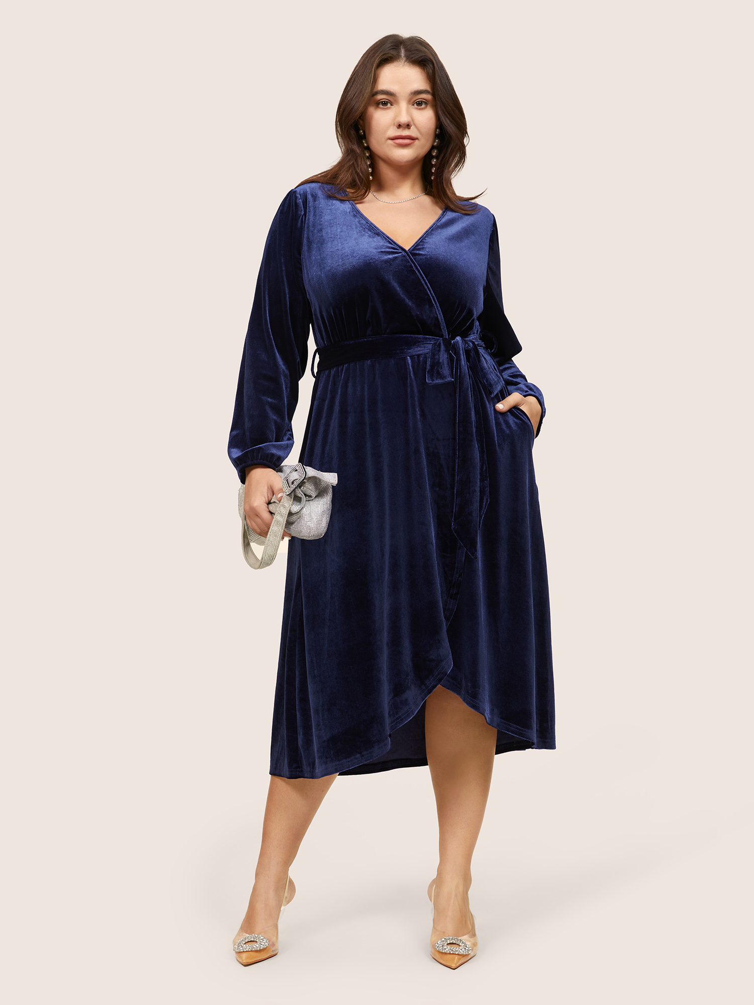 

Plus Size Solid Velvet Belted Wrap Arc Hem Dress DarkBlue Women Elegant Elastic cuffs Overlap Collar Long Sleeve Curvy Midi Dress BloomChic