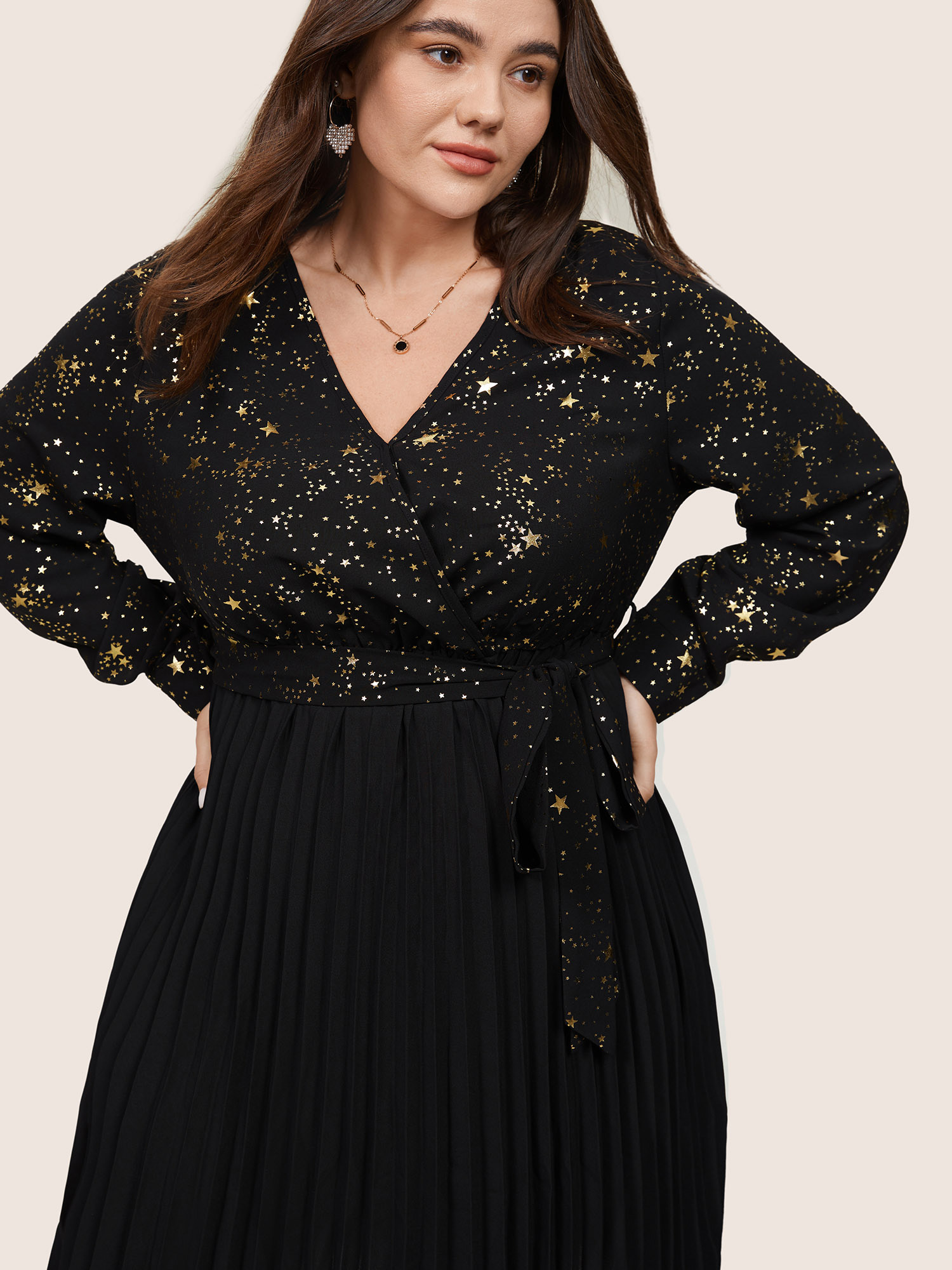 

Plus Size Star Glitter Belted Pleated Wrap Dress Black Women Cocktail Belted V-neck Long Sleeve Curvy Midi Dress BloomChic