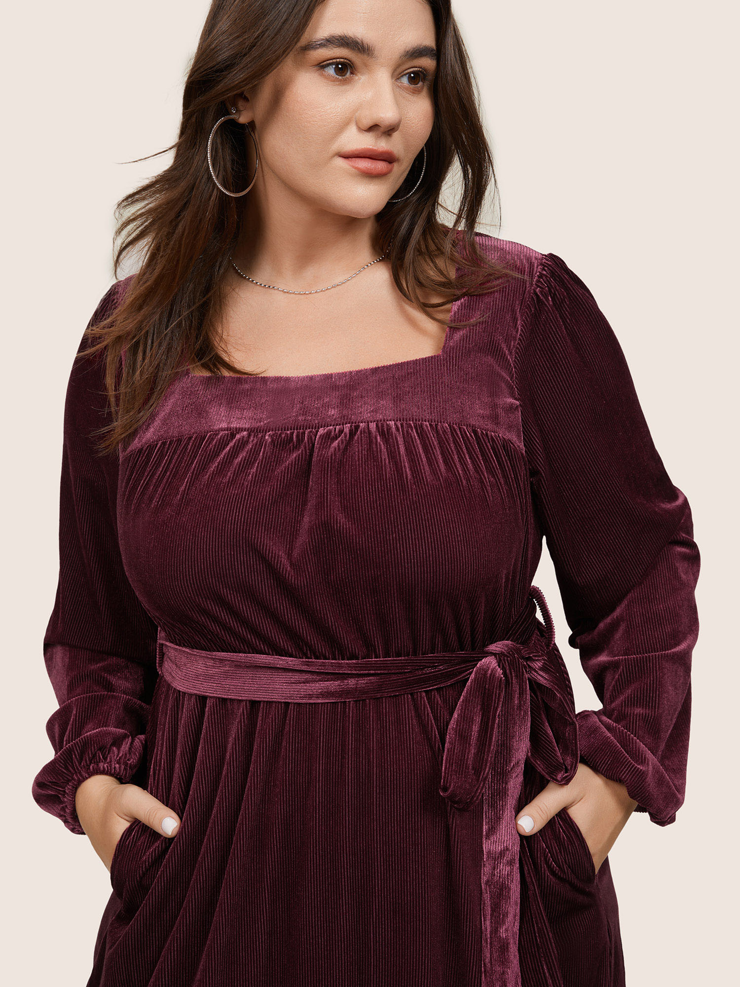 Plus Size Velvet Belted Square Neck Gathered Dress Russet Women Glamour Velvet Square Neck Long Sleeve Curvy Midi Dress BloomChic 14-16/1X 